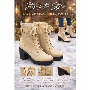 Eye Candis Beige Lace Up Combat Boots